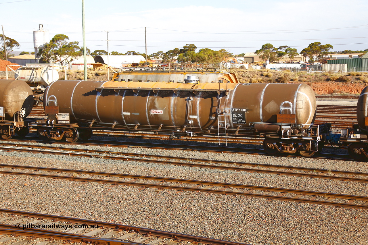 190108 1305
West Kalgoorlie, ATPY 601 fuel tank waggon built by WAGR Midland Workshops in 1976 as WJP type for BP Oil, capacity of 80,500 litres, recoded to WJPY. Refurbished by Gemco WA Dec 2018.
Keywords: ATPY-type;ATPY601;WAGR-Midland-WS;WJP-type;WJPY-type;