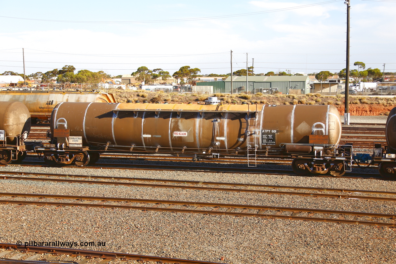 190108 1306
West Kalgoorlie, ATPY 601 fuel tank waggon built by WAGR Midland Workshops in 1976 as WJP type for BP Oil, capacity of 80,500 litres, recoded to WJPY. Refurbished by Gemco WA Dec 2018.
Keywords: ATPY-type;ATPY601;WAGR-Midland-WS;WJP-type;WJPY-type;