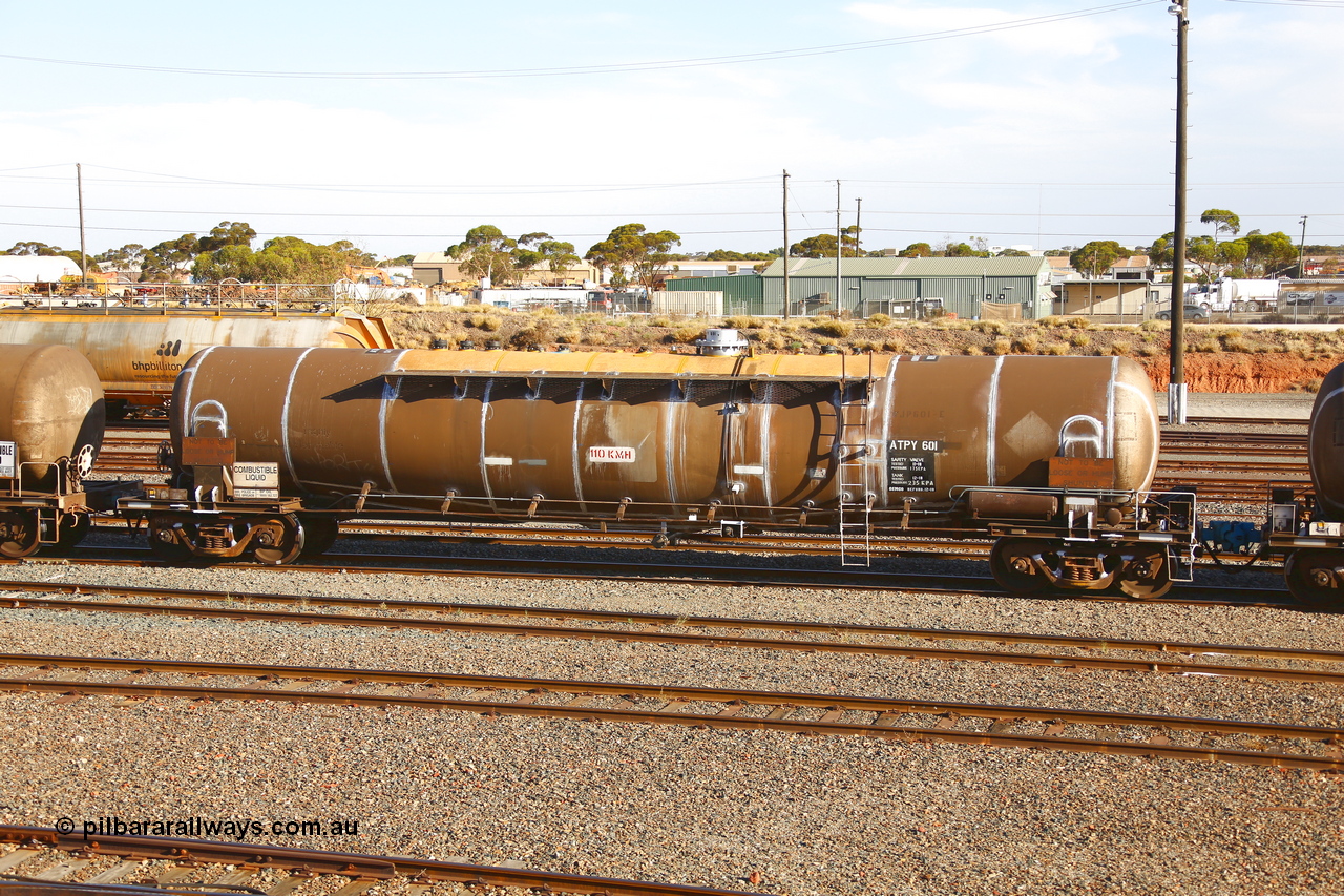 190108 1306
West Kalgoorlie, ATPY 601 fuel tank waggon built by WAGR Midland Workshops in 1976 as WJP type for BP Oil, capacity of 80,500 litres, recoded to WJPY. Refurbished by Gemco WA Dec 2018.
Keywords: ATPY-type;ATPY601;WAGR-Midland-WS;WJP-type;WJPY-type;