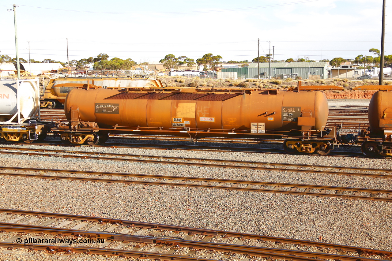 190108 1313
West Kalgoorlie, ATBY 14585 built by Westrail Midland Workshops in 1976 part of a batch of eight JPA type petrol tank waggons, recoded to JPAA in 1985, then WJPA when converted to SG. Seen here in Caltex service with a 70,000 litre capacity.
Keywords: ATBY-type;ATBY14585;Westrail-Midland-WS;JPA-type;JPAA-type;WJPA-type;