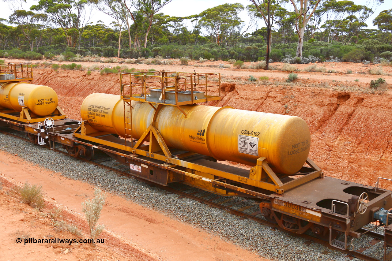 190109 1418
Binduli, AQHY 30038 with CSA 0102, originally built by the WAGR Midland Workshops in 1964/66 as a WF type flat waggon, then in 1997, following several recodes and modifications, was one of seventy five waggons converted to the WQH type to carry CSA sulphuric acid tanks between Hampton/Kalgoorlie and Perth/Kwinana. CSA 0102 was built by Vcare Engineering, India for Access Petrotec & Mining Solutions.
Keywords: AQHY-type;AQHY30038;WAGR-Midland-WS;WF-type;WFP-type;WFDY-type;WFDF-type;RFDF-type;WQH-type;