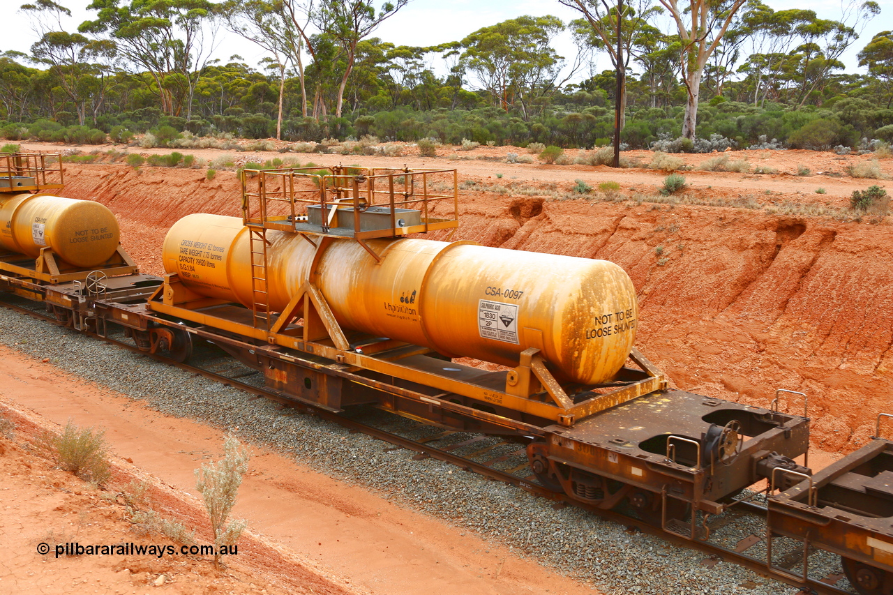 190109 1419
Binduli, AQHY 30084 with CSA 0097, originally built by the WAGR Midland Workshops in 1964/66 as a WF type flat waggon, then in 1997, following several recodes and modifications, was one of seventy five waggons converted to the WQH type to carry CSA sulphuric acid tanks between Hampton/Kalgoorlie and Perth/Kwinana. CSA 0097 was built by Vcare Engineering, India for Access Petrotec & Mining Solutions.
Keywords: AQHY-type;AQHY30084;WAGR-Midland-WS;WF-type;WFDY-type;WFDF-type;RFDF-type;WQH-type;