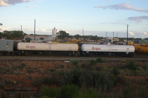 120511 IMG P10171
West Kalgoorlie, PTLY type gas tank waggon PTLY 6416. Built by Comeng NSW in 1985 as NTHF type NTHF 416, 76,000 litre gas tank for Boral Gas, recoded to ATLY in 1996, and ATLY type gas tank waggon ATLY 1, built by Comeng NSW in 1968 as a Tg type tank waggon for Boral Gas as Tg 1, to the VR as TWF type TWF 10 in 1979, then later in 1979 to VTGX type. Off VR register 1988 and to AN as ATLX type ATLX 1, then to ATLY. Peter Donaghy image.
Keywords: Peter-D-Image;PTLY-type;PTLY6416;Comeng-NSW;NTHF-type;ATLY-type;ATLY1;Comeng-NSW;Tg-type;Tg1;TWF-type;TWF10;VTGX-type;ATLX-type;