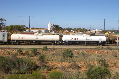 120512 IMG P10175
West Kalgoorlie, PTLY type gas tank waggon PTLY 6416. Built by Comeng NSW in 1985 as NTHF type NTHF 416, 76,000 litre gas tank for Boral Gas, recoded to ATLY in 1996, and ATLY type gas tank waggon ATLY 1, built by Comeng NSW in 1968 as a Tg type tank waggon for Boral Gas as Tg 1 on the South Australian Railways, to the VR as TWF type TWF 10 in 1979, then later in 1979 to VTGX type. Off VR register 1988 and to AN as ATLX type ATLX 1, then to ATLY. Peter Donaghy image.
Keywords: Peter-D-Image;PTLY-type;PTLY6416;Comeng-NSW;NTHF-type;NTHF416;ATLY-type;ATLY1;Comeng-NSW;Tg-type;Tg1;TWF-type;TWF10;VTGX-type;ATLX-type;