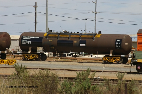 121202 IMG P11609
West Kalgoorlie, NTAY 6132 fuel tank waggon, built by Industrial Engineering Qld in 1976 as an SCA type SCA 283 for Shell. Recoded to NTAF 283, then 6132, capacity of 61,300 litres. Peter Donaghy image.
Keywords: Peter-D-Image;NTAY-type;NTAY6132;Indeng-Qld;SCA-type;SCA283;NTAF-type;