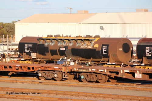 140406 IMG 1944
West Kalgoorlie, NTBF 6121 fuel tank waggon, built by Comeng NSW 1975 as SCA type SCA 272 for Shell Bitumen, with former owners name (Freight Australia) visible. Peter Donaghy image.
Keywords: Peter-D-Image;NTBF-type;NTBF6121;Comeng-NSW;SCA-type;SCA272;NTAF-type;