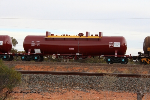 141028 IMG 3273
West Kalgoorlie, NTAY type fuel tank waggon NTAY 5455 with 62,000 litre capacity for BP. Refurbished by Gemco WA in June 2014 from ex Mobil Oil NTAF type tank waggon NTAF 5455. In BP Oil ownership. I think this is an Indeng Qld built NTAF 455 the final of seven such tanks built for Mobil of NSW in 1981. Peter Donaghy image.
Keywords: Peter-D-Image;NTAY-type;NTAY5455;NTAF-type;Indeng-Qld;NTAF455;