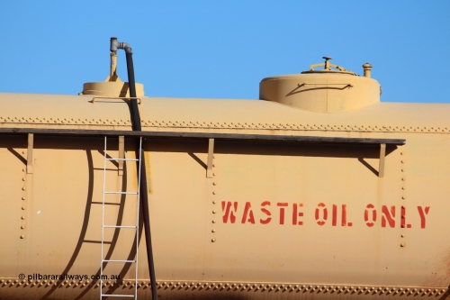 150326 IMG 4336
West Kalgoorlie, AZAY type waste oil waggon AZAY 23439, detail image, this waggon usually operates between Merredin Loco and Forrestfield, not normally seen here in the Goldfields. Peter Donaghy image.
Keywords: Peter-D-Image;AZAY-type;AZAY23439;