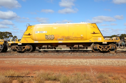 160522 2308
Parkeston, APNY 31157, one of twelve built by WAGR Midland Workshops in 1974 as WNA type pneumatic discharge nickel concentrate waggon, WAGR built and owned copies of the AE Goodwin built WN waggons for WMC.
Keywords: APNY-type;APNY31157;WAGR-Midland-WS;WNA-type;