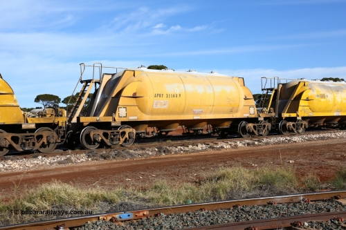 160523 2791
Parkeston, APNY 31160, one of twelve built by WAGR Midland Workshops in 1974 as WNA type pneumatic discharge nickel concentrate waggon, WAGR built and owned copies of the AE Goodwin built WN waggons for WMC.
Keywords: APNY-type;APNY31160;WAGR-Midland-WS;WNA-type;