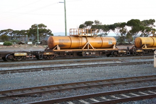 160523 3598
West Kalgoorlie, AQHY 30109 with sulphuric acid tank CSA 0088, originally built by WAGR Midland Workshops in 1964/66 as a WF type flat waggon, then in 1997, following several recodes and modifications, was one of seventy five waggons converted to the WQH type to carry CSA sulphuric acid tanks between Hampton/Kalgoorlie and Perth/Kwinana, part of loaded acid train 2406 arriving back in the yard. CSA 0088 is the lowest numbered CSA of forty nine tanks built by VCare Engineering, India for Access Petrotec & Mining Solutions in 2015.
Keywords: AQHY-type;AQHY30109;WAGR-Midland-WS;WF-type;WFDY-type;WFDF-type;WQH-type;