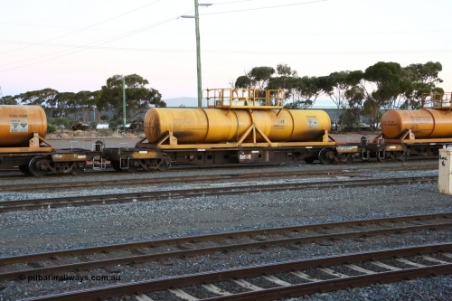 160523 3599
West Kalgoorlie, AQHY 30089 with sulphuric acid tank CSA 0085, originally built by WAGR Midland Workshops in 1964/66 as a WF type flat waggon, then in 1997, following several recodes and modifications, was one of seventy five waggons converted to the WQH type to carry CSA sulphuric acid tanks between Hampton/Kalgoorlie and Perth/Kwinana, part of loaded acid train 2406 arriving back in the yard. CSA 0085 is one of twelve units built by Acid Plant Management Services, WA in 2015.
Keywords: AQHY-type;AQHY30089;WAGR-Midland-WS;WF-type;WFDY-type;WFDF-type;RFDF-type;WQH-type;