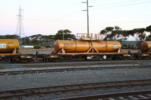 160523 3610
West Kalgoorlie, AQHY 30004 with sulphuric acid tank CSA 0130, originally built by WAGR Midland Workshops in 1964/66 as a WF type flat waggon, then in 1997, following several recodes and modifications, was one of seventy five waggons converted to the WQH type to carry CSA sulphuric acid tanks between Hampton/Kalgoorlie and Perth/Kwinana, part of loaded acid train 2406 arriving back in the yard. CSA 0130 was built by VCare Engineering, India for Access Petrotec & Mining Solutions in 2015.
Keywords: AQHY-type;AQHY30004;WAGR-Midland-WS;WF-type;WFDY-type;WFDF-type;RFDF-type;WQH-type;