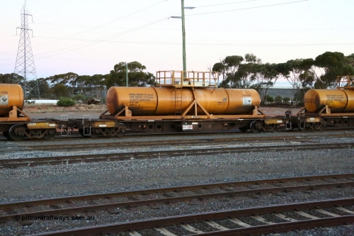 160523 3612
West Kalgoorlie, AQHY 30023 with sulphuric acid tank CSA 0105, originally built by WAGR Midland Workshops in 1964/66 as a WF type flat waggon, then in 1997, following several recodes and modifications, was one of seventy five waggons converted to the WQH type to carry CSA sulphuric acid tanks between Hampton/Kalgoorlie and Perth/Kwinana, part of loaded acid train 2406 arriving back in the yard. CSA 0105 was built by VCare Engineering, India for Access Petrotec & Mining Solutions in 2015.
Keywords: AQHY-type;AQHY30023;WAGR-Midland-WS;WF-type;WFDY-type;WFDF-type;RFDF-type;WQH-type;