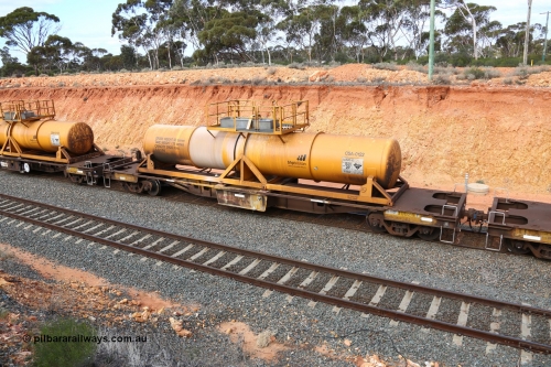 160525 4808
West Kalgoorlie, AQHY 30026 with sulphuric acid tank CSA 0122, originally built by WAGR Midland Workshops in 1964/66 as a WF type flat waggon, then in 1997, following several recodes and modifications, was one of seventy five waggons converted to the WQH type to carry CSA sulphuric acid tanks between Hampton/Kalgoorlie and Perth/Kwinana, part of empty acid train 4405 departing in the yard. CSA 0122 was built by VCare Engineering, India for Access Petrotec & Mining Solutions in 2015.
Keywords: AQHY-type;AQHY30026;WAGR-Midland-WS;WF-type;WFW-type;WFDY-type;WFDF-type;RFDF-type;WQH-type;