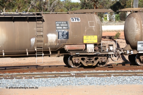 160525 4851
West Kalgoorlie, ATPF 576 fuel tanker, one of nine built by WAGR Midland Workshops in 1974 for Shell, with a capacity now of 80,000 litres.
Keywords: ATPF-type;ATPF576;WAGR-Midland-WS;WJP-type;