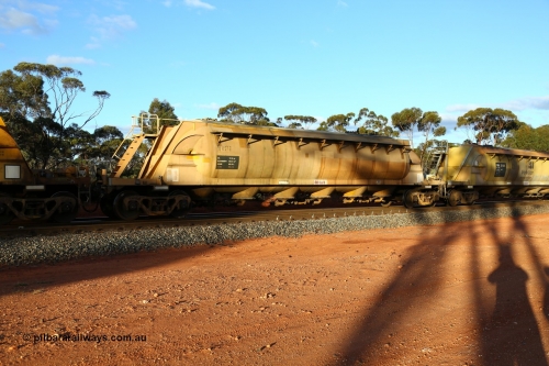 160525 5193
Binduli, nickel concentrate train 4438, pneumatic discharge nickel concentrate waggon WN 517, one of thirty built by AE Goodwin NSW as WN type in 1970 for WMC.
Keywords: WN-type;WN517;AE-Goodwin;