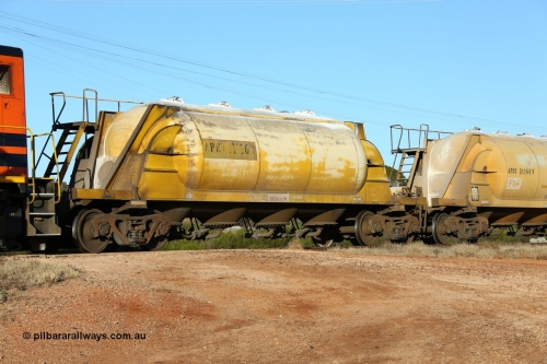 160527 5479
Parkeston, loaded lime and cement shunt train 2C71 from West Kalgoorlie to Parkeston for Cockburn Lime. APNY 31156, one of twelve built by WAGR Midland Workshops in 1974 as WNA type pneumatic discharge nickel concentrate waggon, WAGR built and owned copies of the AE Goodwin built WN waggons for WMC.
Keywords: APNY-type;APNY31156;WAGR-Midland-WS;WNA-type;