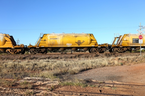160527 5486
Parkeston, loaded lime and cement shunt train 2C71 from West Kalgoorlie to Parkeston for Cockburn Lime. APNY 31159, one of twelve built by WAGR Midland Workshops in 1974 as WNA type pneumatic discharge nickel concentrate waggon, WAGR built and owned copies of the AE Goodwin built WN waggons for WMC.
Keywords: APNY-type;APNY31159;WAGR-Midland-WS;WNA-type;