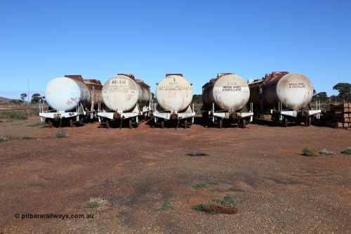 160528 8365
Parkeston, near the quarantine station, stored former Mobil Oil NSW NTAF waggons, from left: NTAF 5454, 5451, 5450, 5453 and 5449. I think these are Indeng Qld built NTAF waggons from a batch of seven such tanks built for Mobil of NSW in 1981 and numbered NTAF 449 to 455.
Keywords: NTAF-type;NTAF5454;NTAF5451;NTAF5450;NTAF5453;NTAF5449;Indeng-Qld;NTAF454;NTAF450;NTAF453;NTAF449;