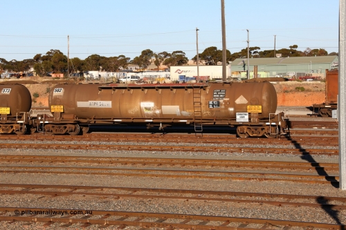 160601 10073
West Kalgoorlie, APTF type diesel fuel tanker ATPF 582, Shell Fleet No. 694, built by WAGR Midland Workshops in 1976 for Shell. Converted to narrow gauge 1986 and recoded JPC. Capacity now 80,500 litres.
Keywords: ATPF-type;ATPF582;WAGR-Midland-WS;WJP-type;JPC-type;