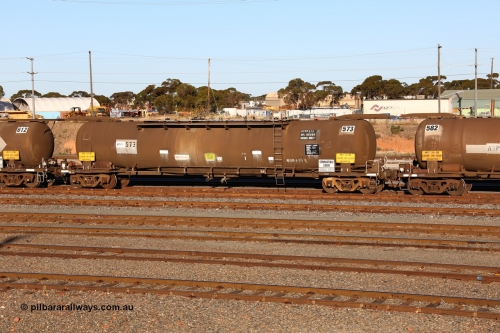160601 10074
West Kalgoorlie, ATPF 573 fuel tank waggon built by WAGR Midland Workshops 1974 for Shell as WJP type 80.66 kL one compartment one dome, capacity of 80500 litres, Shell Fleet No. 708.
Keywords: ATPF-type;ATPF573;WAGR-Midland-WS;WJP-type;