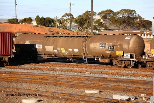 160601 10082
West Kalgoorlie, ATMF 551 fuel tank waggon, one of three built by Tulloch Limited NSW as WJM type in 1971 with a capacity of 96.25 kL one compartment one dome, current capacity of 80500 litres. 551 and 552 for Shell and 553 for BP Oil.
Keywords: ATMF-type;ATMF551;Tulloch-Ltd-NSW;WJM-type;