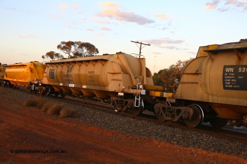 190107 0676
Kalgoorlie, WN type pneumatic discharge nickel concentrate waggon WN 509, one of thirty built by AE Goodwin NSW as WN type in 1970 for WMC.
Keywords: WN-type;WN509;AE-Goodwin;