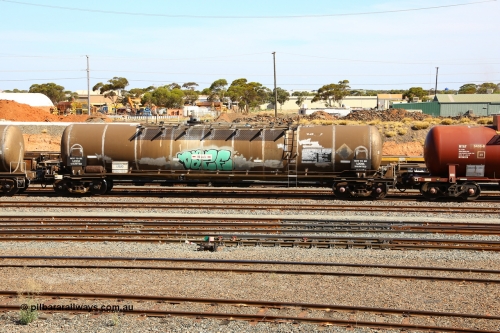 190108 1104
West Kalgoorlie, ATPY type fuel tank waggon ATPY 585, built by WAGR Midland Workshops in 1976 as WJP type with WJP 586 for Mobil. Recoded to WJPY, sold to BP Oil in 1985, 80,000 litres one compartment one dome. Gemco refurbished 12-15, maximum capacity 82,000 litres.
Keywords: ATPY-type;ATPY585;WAGR-Midland-WS;WJP-type;WJPY-type;