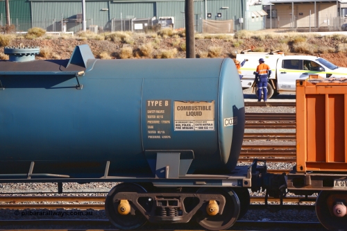 190108 1276
West Kalgoorlie, NTAY type fuel tank waggon NTAY 3332 with 66,000 litre capacity for Caltex. Refurbished by Gemco WA in Feb 2015 from a Caltex NTAF type tank waggon NTAF 332 originally built by Tulloch Ltd NSW as a CAL type CAL 332. Shows A end.
Keywords: NTAY-type;NTAY3332;Tulloch-Ltd-NSW;CAL-type;CAL332;NTAF-type;