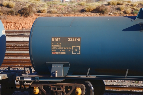 190108 1277
West Kalgoorlie, NTAY type fuel tank waggon NTAY 3332 with 66,000 litre capacity for Caltex. Refurbished by Gemco WA in Feb 2015 from a Caltex NTAF type tank waggon NTAF 332 originally built by Tulloch Ltd NSW as a CAL type CAL 332. Shows B end.
Keywords: NTAY-type;NTAY3332;Tulloch-Ltd-NSW;CAL-type;CAL332;NTAF-type;