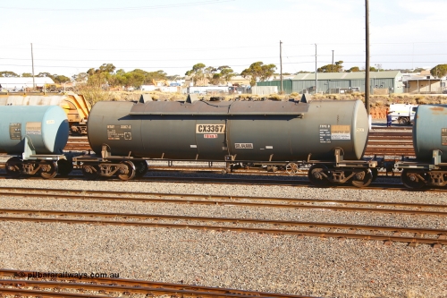 190108 1281
West Kalgoorlie, NTAY type fuel tank waggon NTAY 3367 with 64,600 litre capacity for Caltex. Refurbished by Gemco WA in Feb 2014 from a Caltex NTAF type tank waggon NTAF 367 originally built by Transrail in 1977.
Keywords: NTAY-type;NTAY3367;Transrail-NSW;CAL-type;CAL367;NTAF-type;