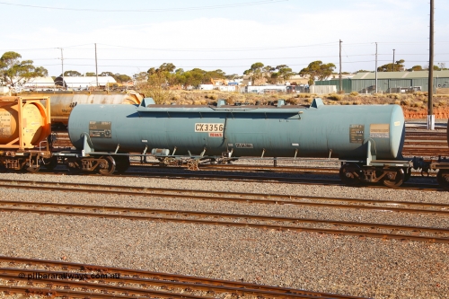 190108 1282
West Kalgoorlie, NTAY type fuel tank waggon NTAY 3356 with 64,200 litre capacity for Caltex. Refurbished by Gemco WA in Nov 2013 from a Caltex NTAF type tank waggon NTAF 356 originally built by Comeng NSW in 1974 as a CTX type CTX 356.
Keywords: NTAY-type;NTAY3356;Comeng-NSW;CTX-type;CTX356;NTAF-type;