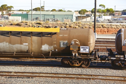 190108 1309
West Kalgoorlie, ATKY 541 fuel tank waggon originally built for H C Sleigh (Golden Fleece) in 1975 by Tulloch Ltd NSW as WJK type. Capacity now of 73,000 litres in service with Caltex. Handbrake end.
Keywords: ATKY-type;ATKY541;Tulloch-Ltd-NSW;WJK-type;
