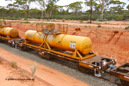 190109 1417
Binduli, AQHY 30059 with CSA 0093, originally built by the WAGR Midland Workshops in 1964/66 as a WF type flat waggon, then in 1997, following several recodes and modifications, was one of seventy five waggons converted to the WQH type to carry CSA sulphuric acid tanks between Hampton/Kalgoorlie and Perth/Kwinana. CSA 0093 was built by VCare Engineering, India for Access Petrotec & Mining Solutions.
Keywords: AQHY-type;AQHY30059;WAGR-Midland-WS;WF-type;WFL-type;WFDY-type;WFDF-type;RFDF-type;WQH-type;