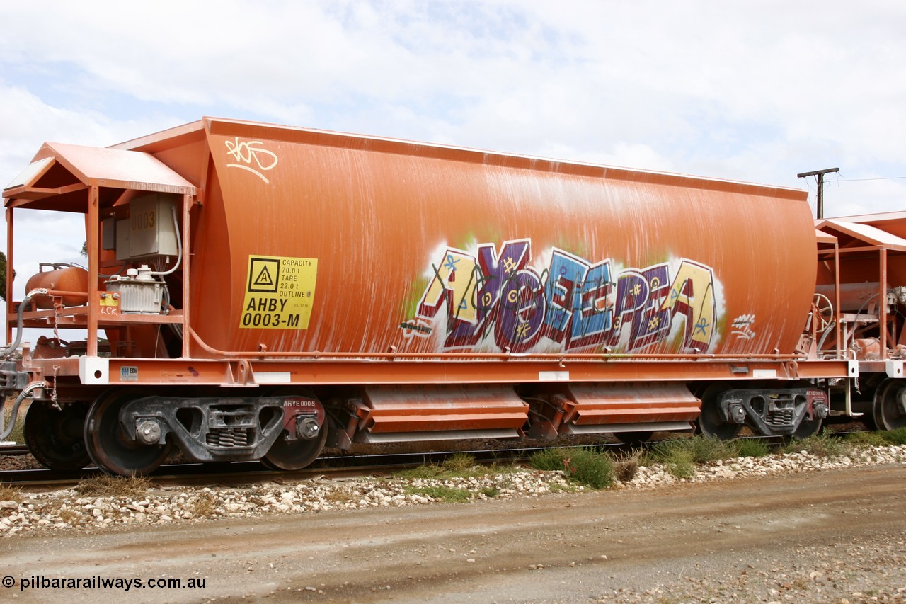 051101 6421
Parkeston, AHBY 0003 one of sixty five AHBY type ballast hoppers built by EDI Rail at their Port Augusta Workshops for ARG in 2001-02 for the Darwin line, also the FMG construction in 2008, here in limestone quarry products service.
Keywords: AHBY-type;AHBY0003;EDI-Rail-Port-Augusta-WS;