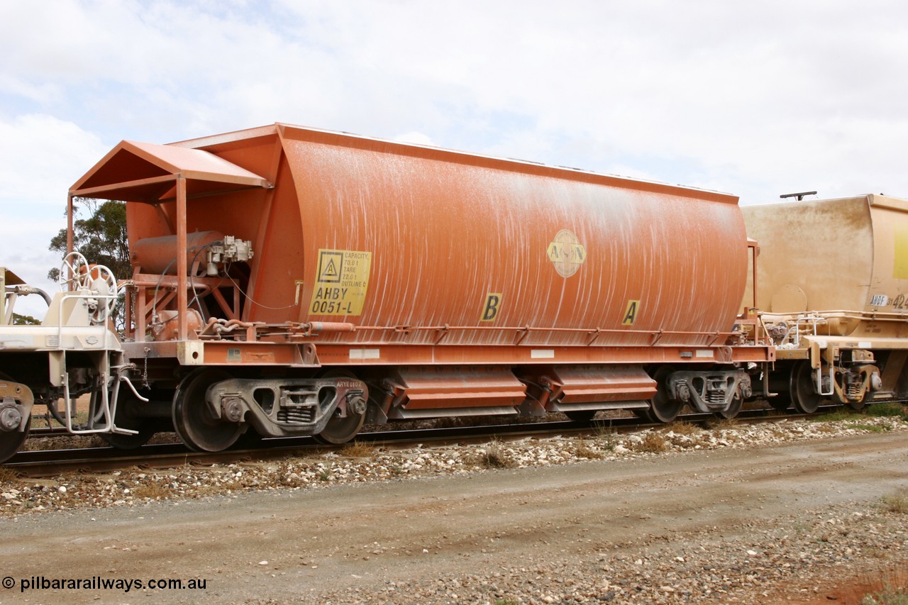 051101 6422
Parkeston, AHBY 0051 one of sixty five AHBY type ballast hoppers built by EDI Rail at their Port Augusta Workshops for ARG in 2001-02 for the Darwin line, also the FMG construction in 2008, here in limestone quarry products service.
Keywords: AHBY-type;AHBY0051;EDI-Rail-Port-Augusta-WS;