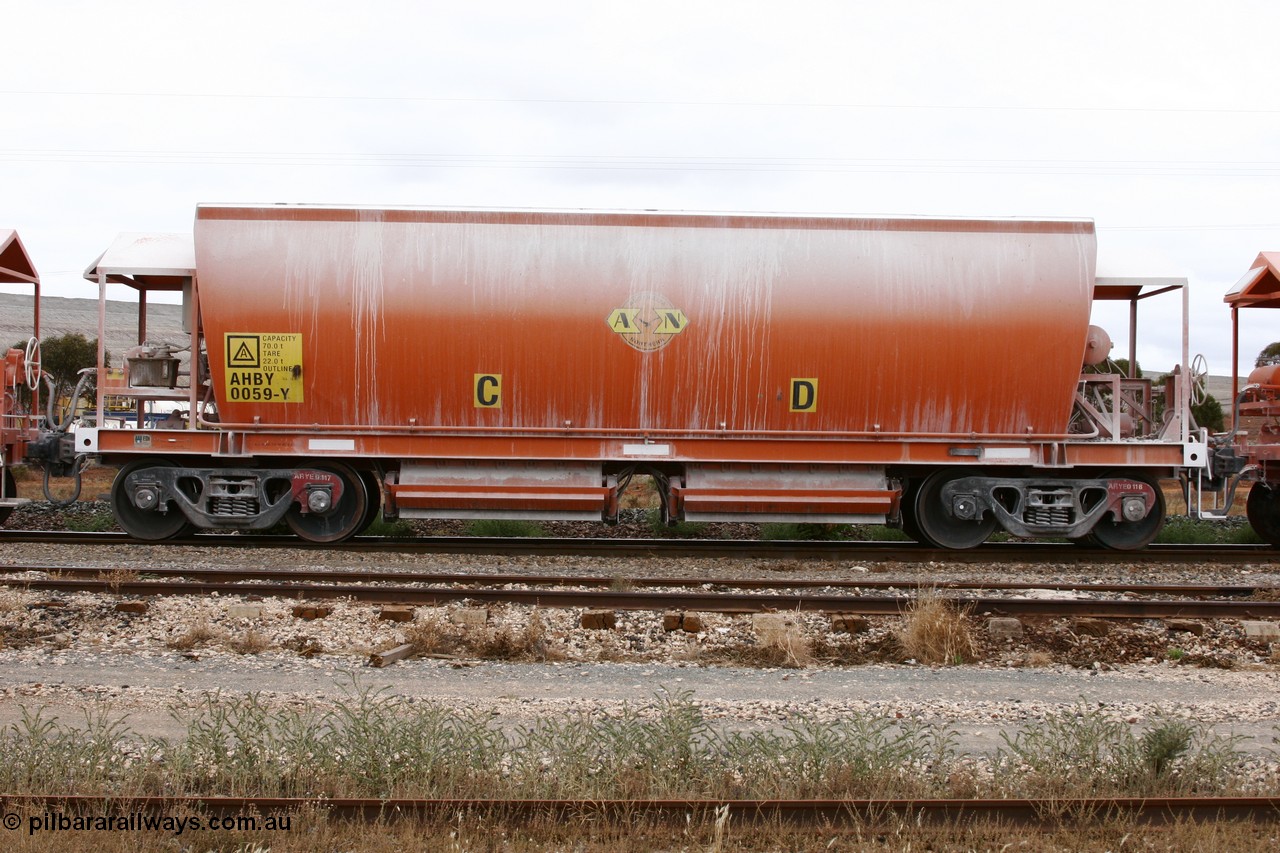 051101 6483
Parkeston, AHBY 0059 one of sixty five AHBY type ballast hoppers built by EDI Rail at their Port Augusta Workshops for ARG in 2001-02 for the Darwin line, also the FMG construction in 2008, here in limestone quarry products service.
Keywords: AHBY-type;AHBY0059;EDI-Rail-Port-Augusta-WS;