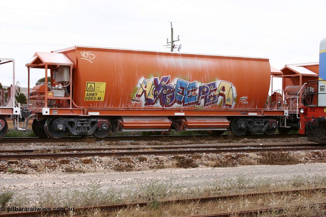 051101 6484
Parkeston, AHBY 0003 one of sixty five AHBY type ballast hoppers built by EDI Rail at their Port Augusta Workshops for ARG in 2001-02 for the Darwin line, also the FMG construction in 2008, here in limestone quarry products service.
Keywords: AHBY-type;AHBY0003;EDI-Rail-Port-Augusta-WS;