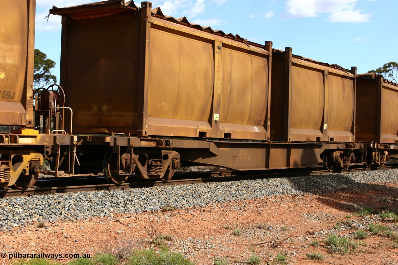 060117 2713
Bardoc, AQNY 32179, one of sixty two waggons built by Goninan WA in 1998 as WQN type for Murrin Murrin container traffic, with sulphur skips S56 and S173 both with original style sliding tarpaulins, train 2029 loaded Malcolm freighter.
Keywords: AQNY-type;AQNY32179;Goninan-WA;WQN-type;