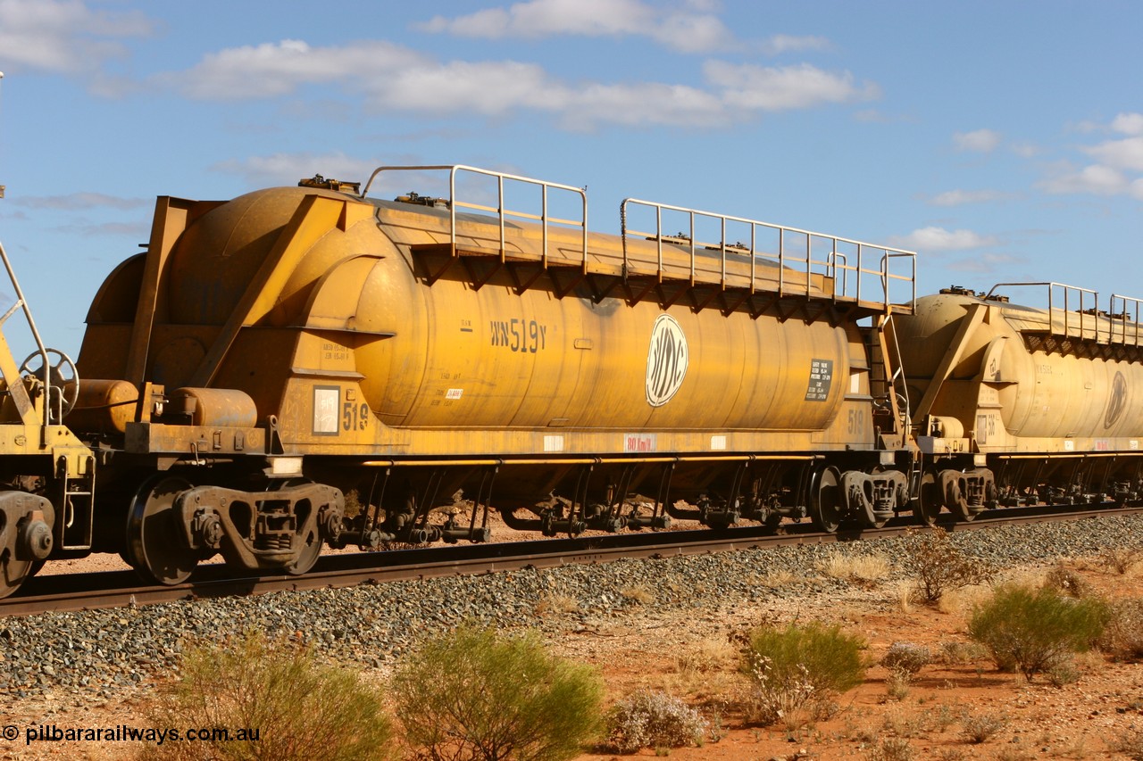 060527 4070
Leonora, WN 519, pneumatic discharge nickel concentrate waggon, one of thirty built by AE Goodwin NSW as WN type in 1970 for WMC.
Keywords: WN-type;WN519;AE-Goodwin;