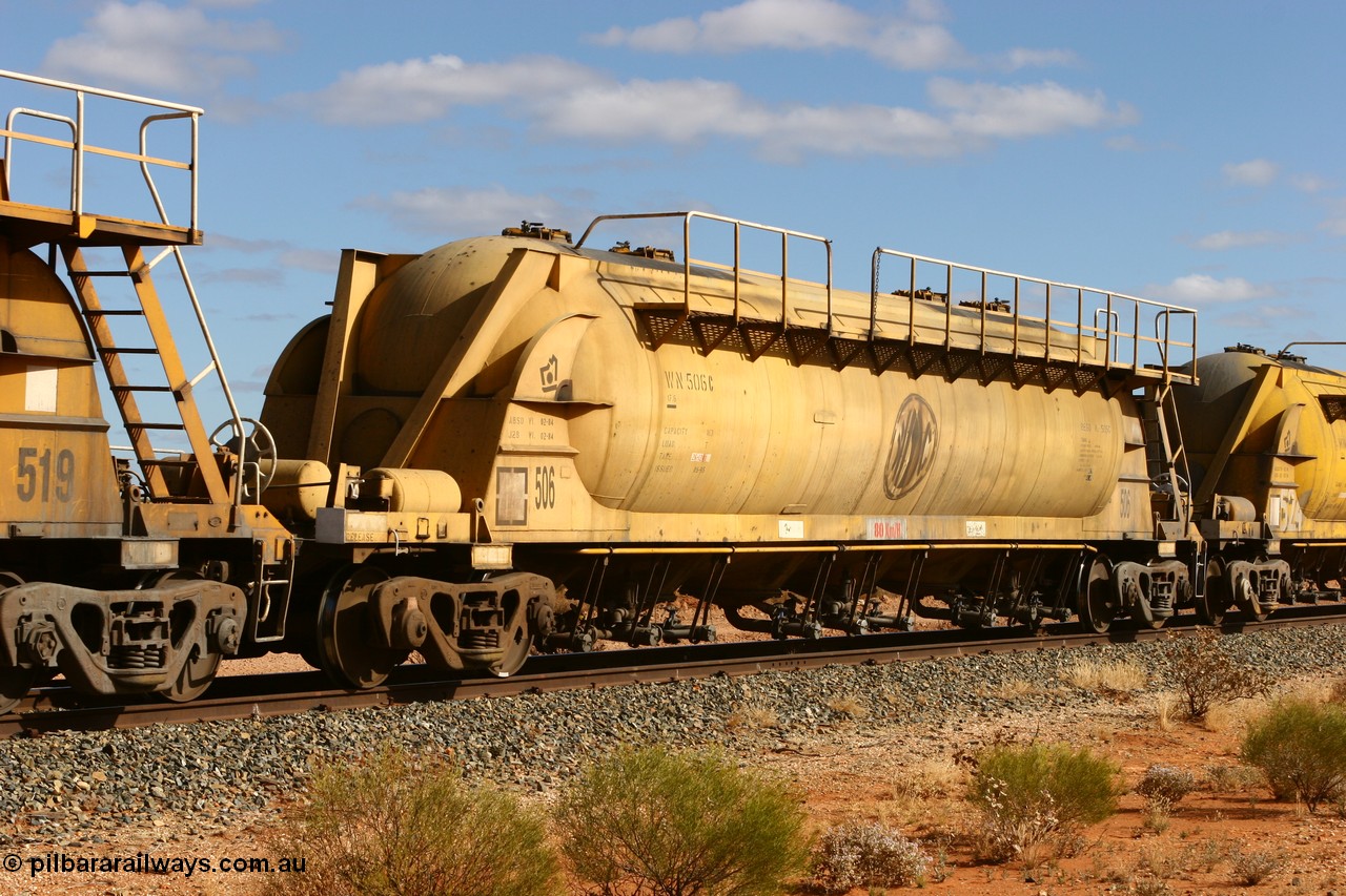 060527 4071
Leonora, WN 506, pneumatic discharge nickel concentrate waggon, one of thirty built by AE Goodwin NSW as WN type in 1970 for WMC.
Keywords: WN-type;WN506;AE-Goodwin;