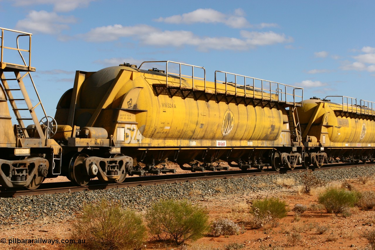 060527 4072
Leonora, WN 524, pneumatic discharge nickel concentrate waggon, one of thirty built by AE Goodwin NSW as WN type in 1970 for WMC.
Keywords: WN-type;WN524;AE-Goodwin;