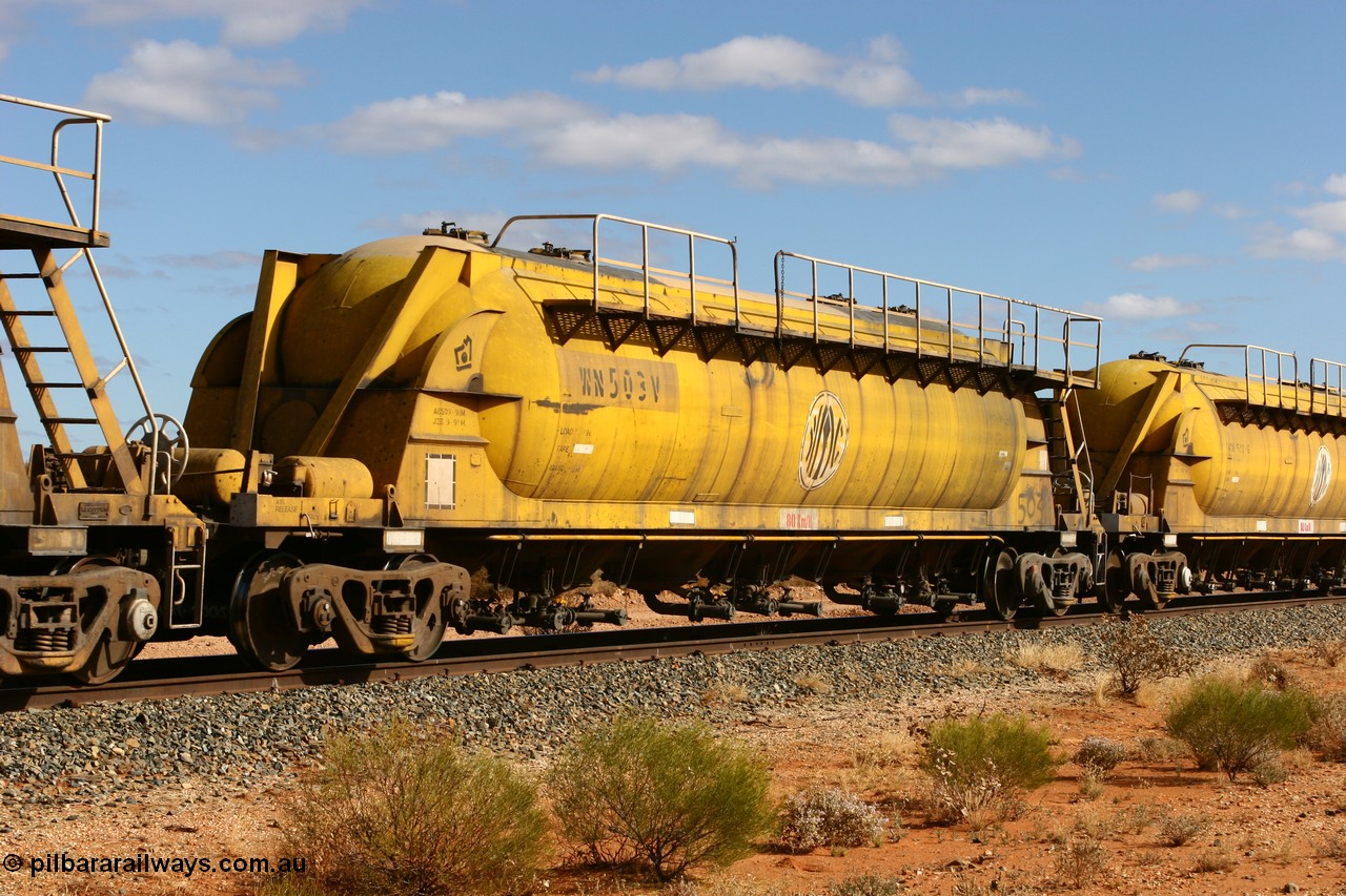 060527 4073
Leonora, WN 503, pneumatic discharge nickel concentrate waggon, one of thirty built by AE Goodwin NSW as WN type in 1970 for WMC.
Keywords: WN-type;WN503;AE-Goodwin;