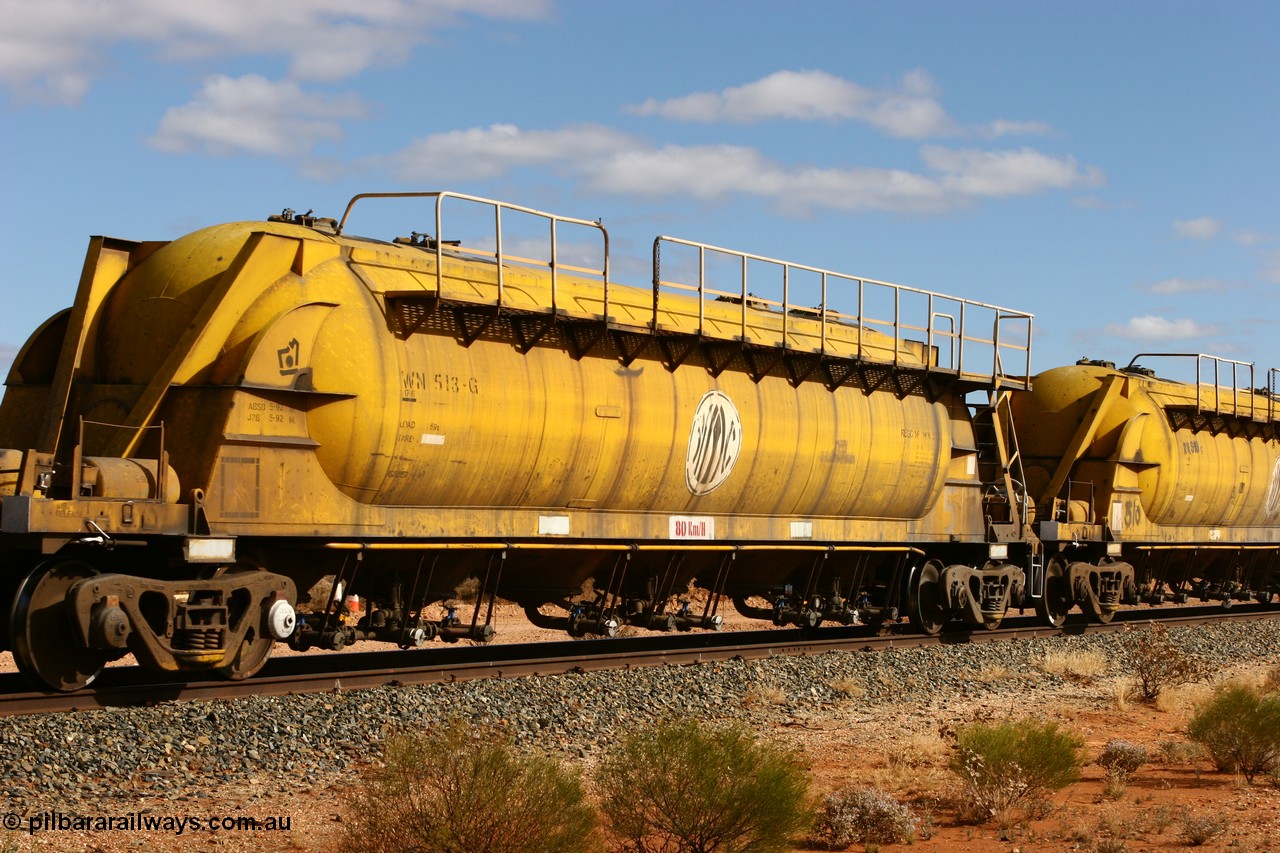 060527 4074
Leonora, WN 513, pneumatic discharge nickel concentrate waggon, one of thirty built by AE Goodwin NSW as WN type in 1970 for WMC.
Keywords: WN-type;WN513;AE-Goodwin;