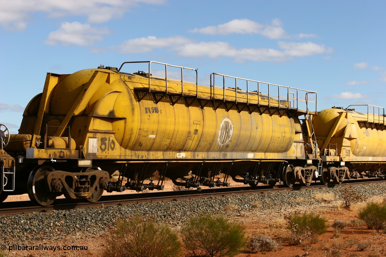 060527 4075
Leonora, WN 510, pneumatic discharge nickel concentrate waggon, one of thirty built by AE Goodwin NSW as WN type in 1970 for WMC.
Keywords: WN-type;WN510;AE-Goodwin;