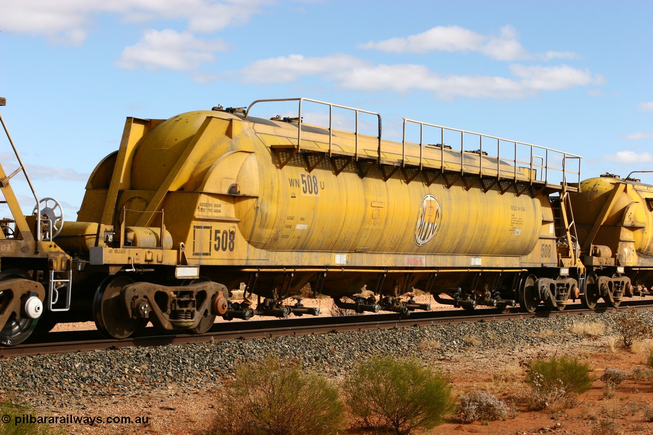 060527 4076
Leonora, WN 508, pneumatic discharge nickel concentrate waggon, one of thirty built by AE Goodwin NSW as WN type in 1970 for WMC.
Keywords: WN-type;WN508;AE-Goodwin;