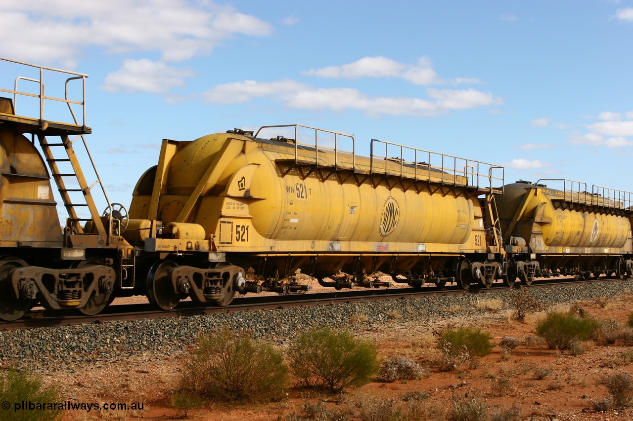 060527 4078
Leonora, WN 521, pneumatic discharge nickel concentrate waggon, one of thirty built by AE Goodwin NSW as WN type in 1970 for WMC.
Keywords: WN-type;WN521;AE-Goodwin;