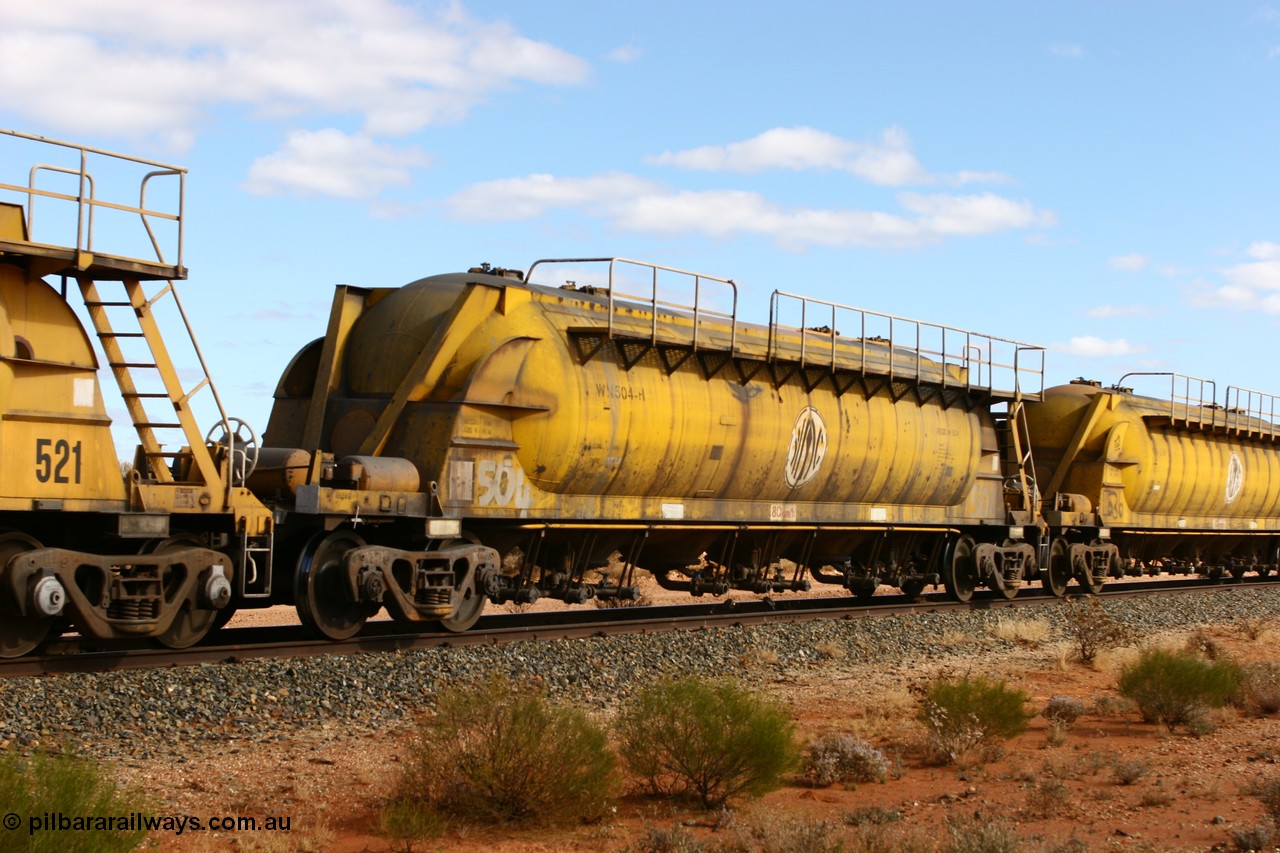 060527 4079
Leonora, WN 504, pneumatic discharge nickel concentrate waggon, one of thirty built by AE Goodwin NSW as WN type in 1970 for WMC.
Keywords: WN-type;WN504;AE-Goodwin;