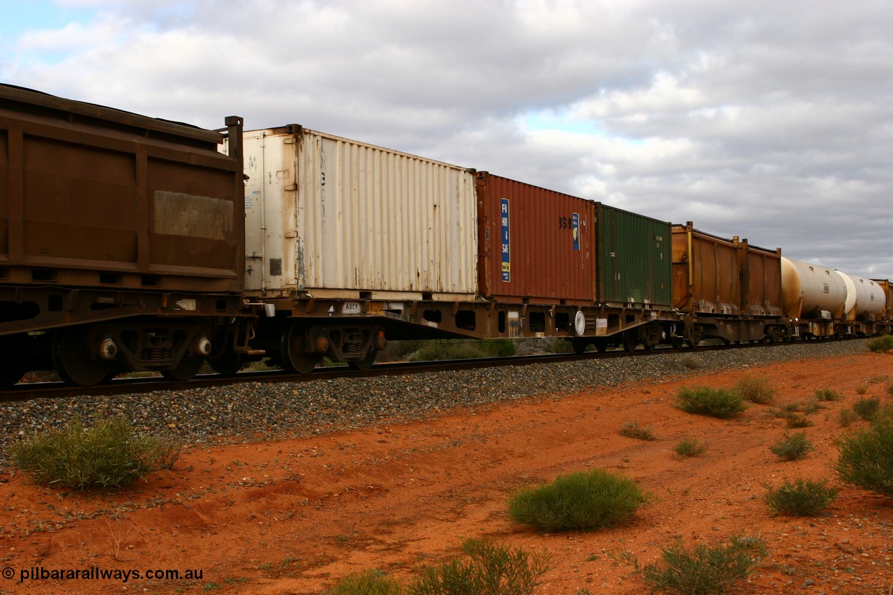 060527 4098
Scotia, AQCY 31020 container waggon, one of thirty five built by Centrecon Ltd WA in 1981 as WFA type, recoded in 1987 to WQCY, then RHQY in 1994 and back to WQCY in 1996. Seen here with three 20' containers.
Keywords: AQCY-type;AQCY31020;Centrecon-Ltd-WA;WFA-type;WQCY-type;RHQY-type;